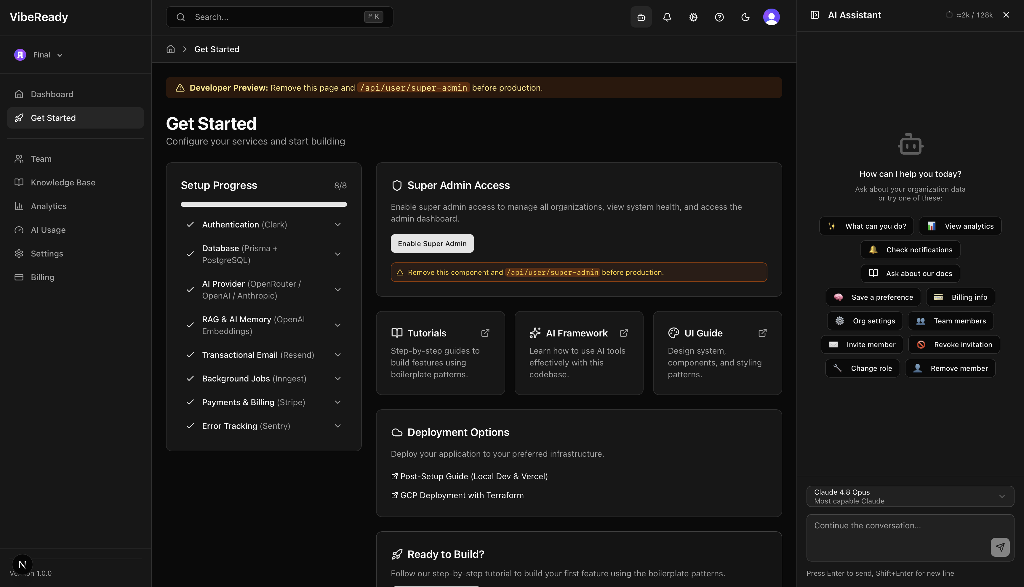 The shipped Get Started page: setup progress 8 of 8 (Clerk auth, Prisma + PostgreSQL, OpenRouter AI provider, RAG and AI memory, Resend email, Inngest jobs, Stripe billing, Sentry), with the in-app AI assistant panel open.